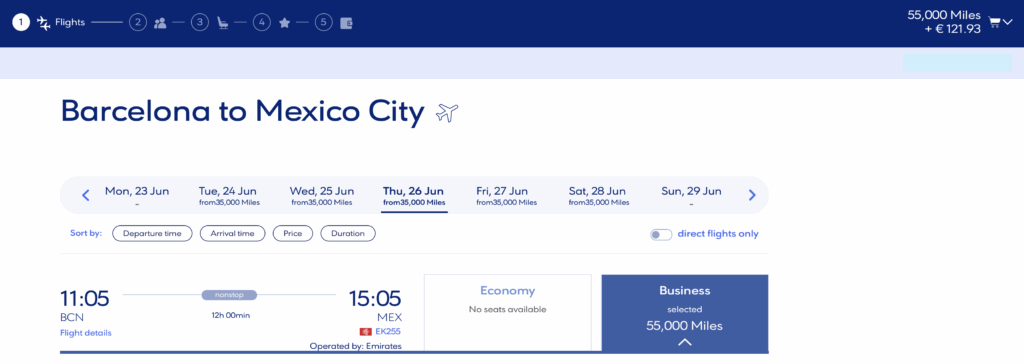 An award flight from Barcelona to Mexico City for 55,000 Aegean Airlines miles in business class 